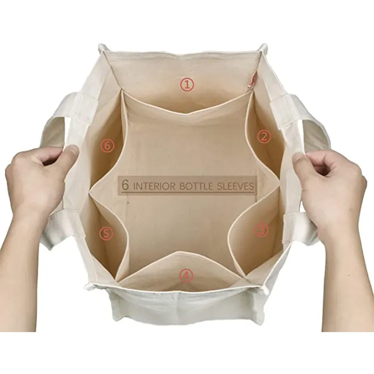Plain Blank Design Öko gedruckt benutzer definierte große 6 teilen separate Fächer Tote Baumwolle Canvas Tasche mit Innen flaschen hüllen