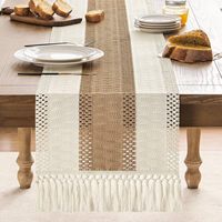 Chemin de table de style bohème 14x72 pouces, rayures mexicaines marron/ivoire avec surpiqûres bicolores, décoration bohème grossière