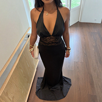 Robe longue noire en dentelle à col en V et dos nu sans manches pour femme, avec ceinture, idéale pour les soirées et les fêtes formelles – Collection été, offre spéciale