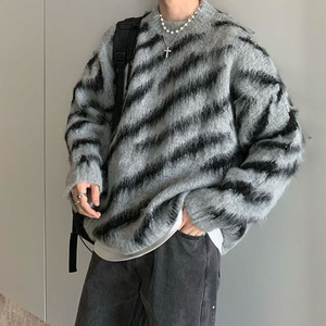 Custom Design Zebra Stripe addensato morbido girocollo Mohair uomo <span class=keywords><strong>maglione</strong></span> Jacquard Mohair <span class=keywords><strong>maglione</strong></span> uomo - Product Image 2