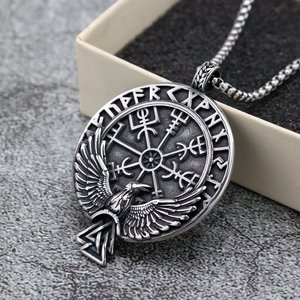 Vintage Stainless Steel Viking Rune <b>Compass</b> Pendant With Raven Wings Themed Unisex Necklace Gift For Fashion Jewelry - Product Image 3