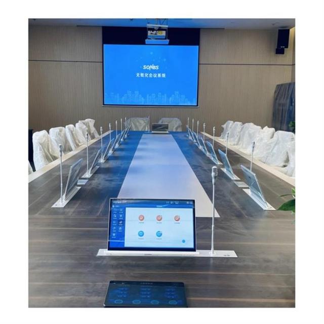 15.6"/17.3"/18.5" Hidden Desk Retractable Motorized Pop up LCD Monitor Lift Paperless Conference System With Fixed Microphone