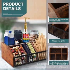 Étagère de rangement pour station à café, organisateur de thé et d'assaisonnements pour comptoir, panier de rangement en bois pour accessoires à café, décoratif - Product Image 1