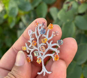 Multicolor Gemstone <b>Tree</b> Brooch Sterling Silver Crystal Branch Pin Handmade Jewelry Statement Designer Accessory - Product Image 1