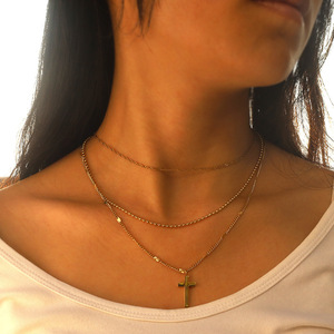 Three Layer <b>Cross</b> Pendant Necklace Gold Zinc Alloy Stackable <b>Chain</b> Clavicle Jewelry For Men And Women - Product Image 3