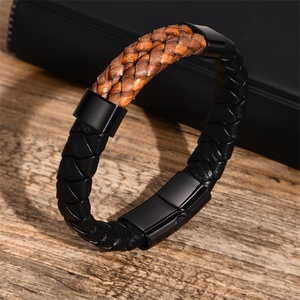 Jewelry Manufacturer Wholesale Stainless Steel Button Black Leather Bracelets - Product Image 3
