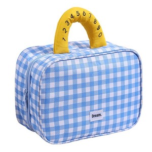 Sac de toilette pliable imperméable avec compartiments de rangement, organiseur de maquillage de voyage, bleu à carreaux - Product Image 2