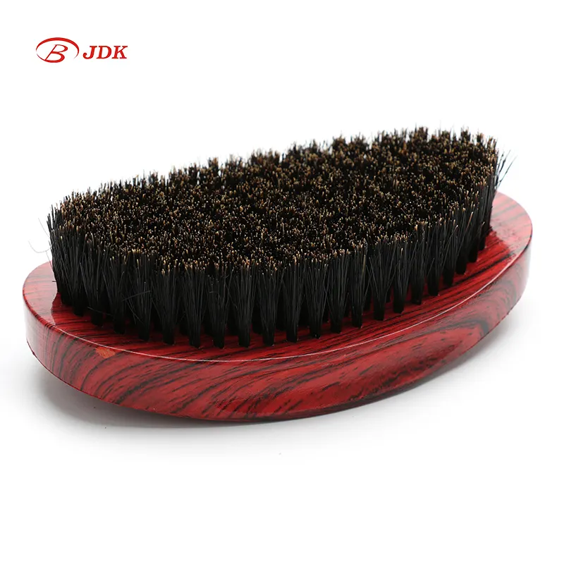 JDK Private Label Red Wood Grain Finish Oval Handle Medium Soft Boar Bristle Wave Palm Beard Brush