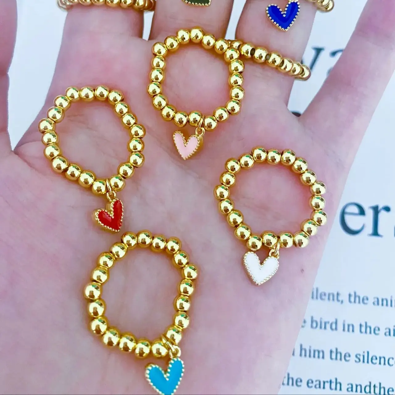 Nieuwe Elastische Kralen Hart Ring Handgemaakte Olie Druppelen Hart Vinger Ring Sieraden Groothandel Populaire Hart Ringen Voor Vrouwen