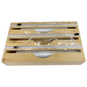 Bamboo Organizer Cling Film Tin Foil Storage Box, Plastic Film Organizer Holder dispenser with slide