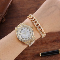 Hip Hop Set Jam Tangan Gelang Quartz Tanggal Dekorasi Berlian Imitasi Tali Baja Tahan Karat Wanita Mewah