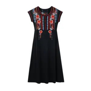 Woman's Embroidery Black high-waisted Dress