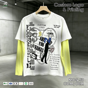 เสื้อยืดแขนยาวผ้าฝ้ายสองชั้นทรงวินเทจสำหรับผู้ชาย ลุคทำสีซีดขอบดิบ พิมพ์ลายกราฟิก รับผลิตแบบ OEM ODM พร้อมสกรีนโลโก้ สไตล์สตรีทแวร์ - Product Image 1
