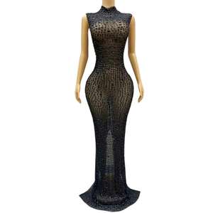 Abito lungo Sexy per la sera di compleanno con strass e taglie forti abito da sera da sera per banchetti per donna lungo fino al pavimento vestito da Club - Product Image 4