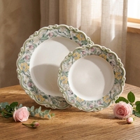 Set Perlengkapan Makan Porselen Bunga Hijau Vintage, Motif Bunga Taman, Perlengkapan Meja Makan Keluarga, Set Piring Makan Keramik