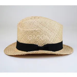 D 2024 grosir Fashion elegan buatan tangan rafia topi jerami Panama tenunan tangan topi Fedora untuk uniseks