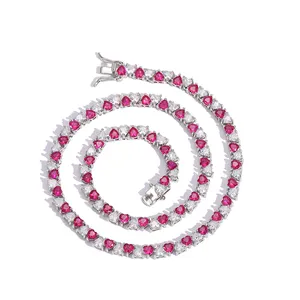 Colar luxuoso feminino de bronze, joias de cobertura, coração, colar de tênis, 5mm, coração, diamante, rosa, vermelho, zircônio, tênis