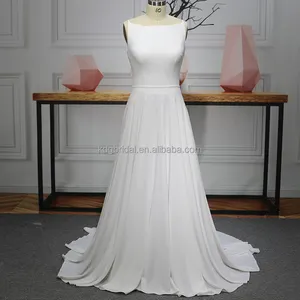 KDG Affordable Simple Style A-line Bridal Gowns Spaghetti Strap Scoop Neckline Sleeveless Chic Satin with Buttons Wedding Dress