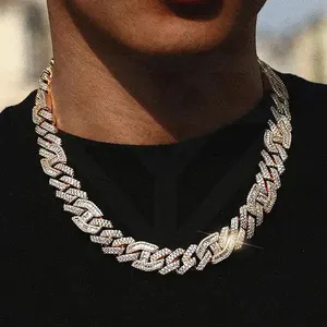 Cuban Miami Hiphop 14mm Cuban Chain Bracelet Necklace Men CZ Brass Cubic Zirconia Iced Out Prong Rhombus Cuban Link Chain Necklace