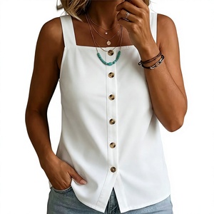 Ropa Minimalista Europea y Americana para Mujer, Top de Poliéster Doblado con Cuello Cuadrado, Botones de Madera y Abertura Lateral, Color Sólido - Product Image 1