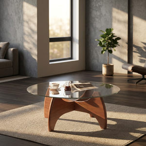 Table basse moderne en verre trempé rond avec base en bois, design mid-century, meubles de salon - Product Image 3