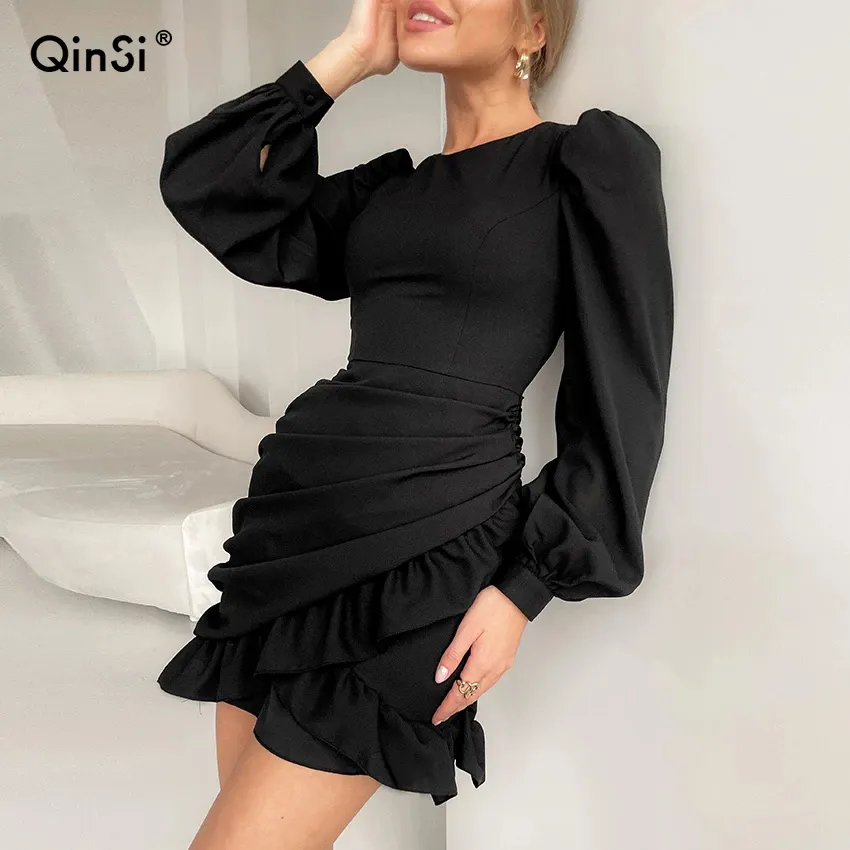 QINSI Fashion Ladies Round Neck Dress Elegant Lantern Sleeve Women Ruffle Dress Cascading Frill Little Black casual dress
