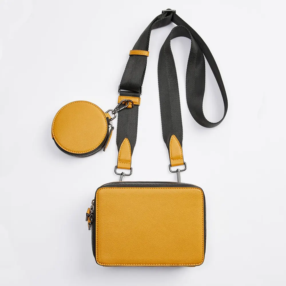 Custom Logo Leather Yellow Men's Zipper Crossbody Purse Shoulder Messenger Bag For Men With Pouch Set