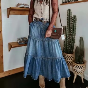 Nouvelles Arrivées Prix Bas Vente en Gros Jupe en Jean OOTD Femme Simple 100% Coton Vintage Délavée à l'Acide Taille Haute - Product Image 3