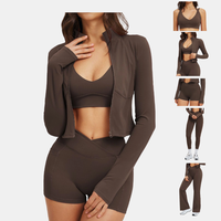 Ensemble de yoga 5 pièces pour femme : Veste zippée, soutien-gorge de sport dos nu, short taille croisée, leggings à poches, pantalon évasé – Tenue de sport et athleisure