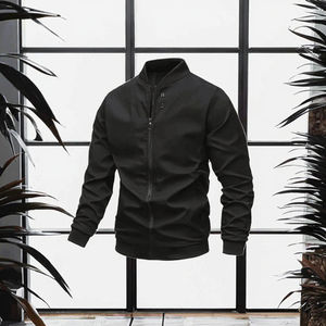 Veste en cuir pour homme de marque propre, fil non tissé lié, teint en fil, col montant, fermeture éclair, vêtements décontractés d'automne - Product Image 3