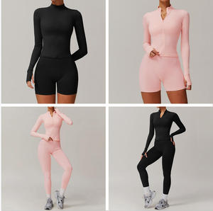 Conjunto de Chaqueta con Cremallera para Yoga al por Mayor, Shorts Deportivos Rosas sin Costuras para <span class=keywords><strong>Pilates</strong></span>, Leggings de Alta Calidad con Textura Acanalada, Conjunto de 2 Piezas para Mujer - Product Image 5