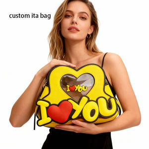 <b>Yellow</b> Heart Shaped I Love You Ita <b>Bag</b> Customizable PU Crossbody Purse with Clear Window for Pin Display Cute Gift - Product Image 1