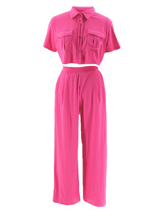 Spot Product Turn Down Collar Manga corta Crop Tops Pantalones de pierna ancha Casual 2 piezas Conjuntos de mujer Sehe Moda - Product Image 6