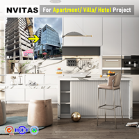 Îlot de cuisine modulaire en bois massif et contreplaqué NVITAS avec plan de travail stratifié pour projets de centres commerciaux, hôtels, appartements et villas