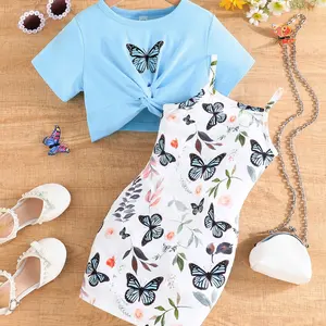 Children's clothing for 4-7 year old girl dress fashion butterfly printed top+suspender dress elegant girl party two-piece set