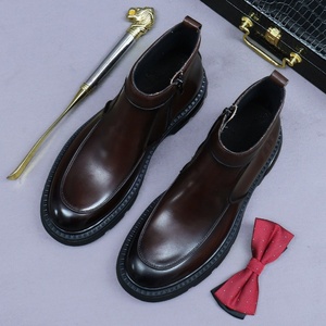 Bottes Martin en cuir de veau souple pour hommes, bottes courtes à semelle épaisse en cuir véritable, bottes Chelsea à fermeture éclair mi-mollet, tendance - Product Image 6