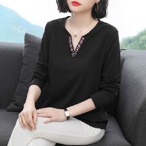 Women's Embroidered V-Neck Long Sleeve T-Shirt Blue Knitted Base <b>Layer</b> <b>Top</b> Everyday Wear - Product Image 2