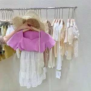 Solid Color 2020 Children Kids Baby 2pcs Girls Hot Sale Summer Short Sleeve Purple Shirts Blouse With Lace Dresses Skirts