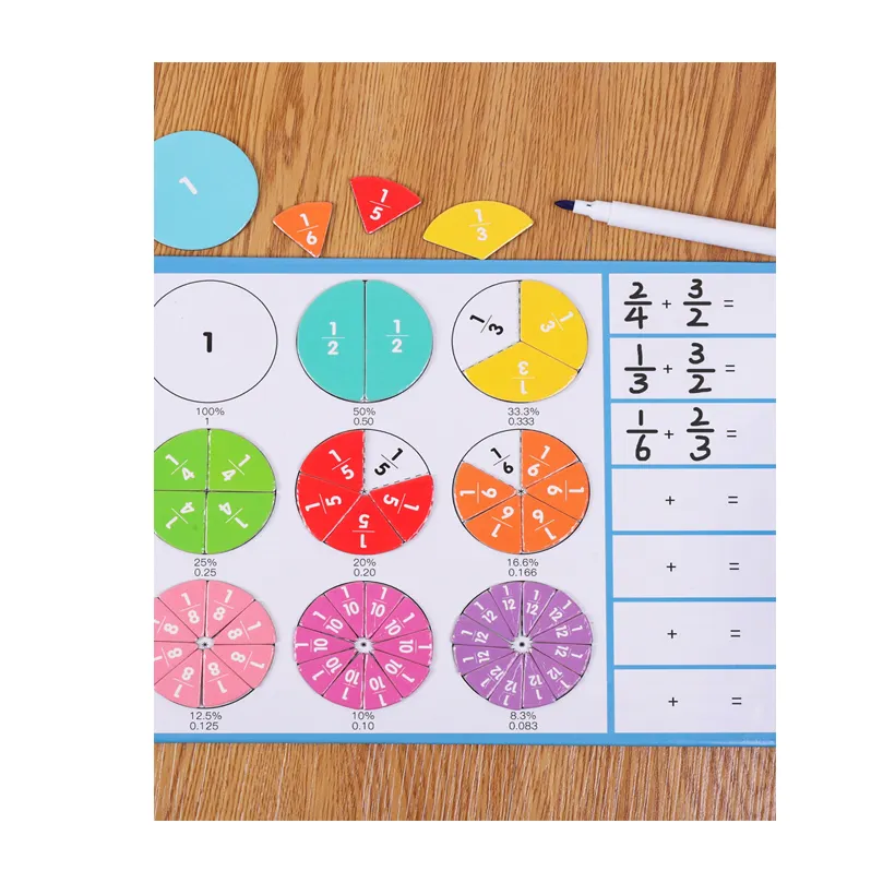 Brinquedo de aprendizagem de matemática para crianças, brinquedo retangular colorido de fração magnética