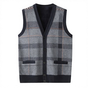 PRIMEAGE INDUSTRIES Nouvelle Collection Automne Pull sans Manches Tricoté pour Homme, Col en V, Chaud, avec Logo Frontal, Motif Écossais, en Polyester, Simple Boutonnage, 300g 7GG - Product Image 2