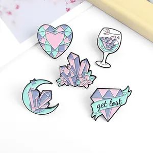 Dream Stone Enamel Pins Custom Moon Heart Wine Glass Cup Metal Lapel Pin Buttons for Jeans