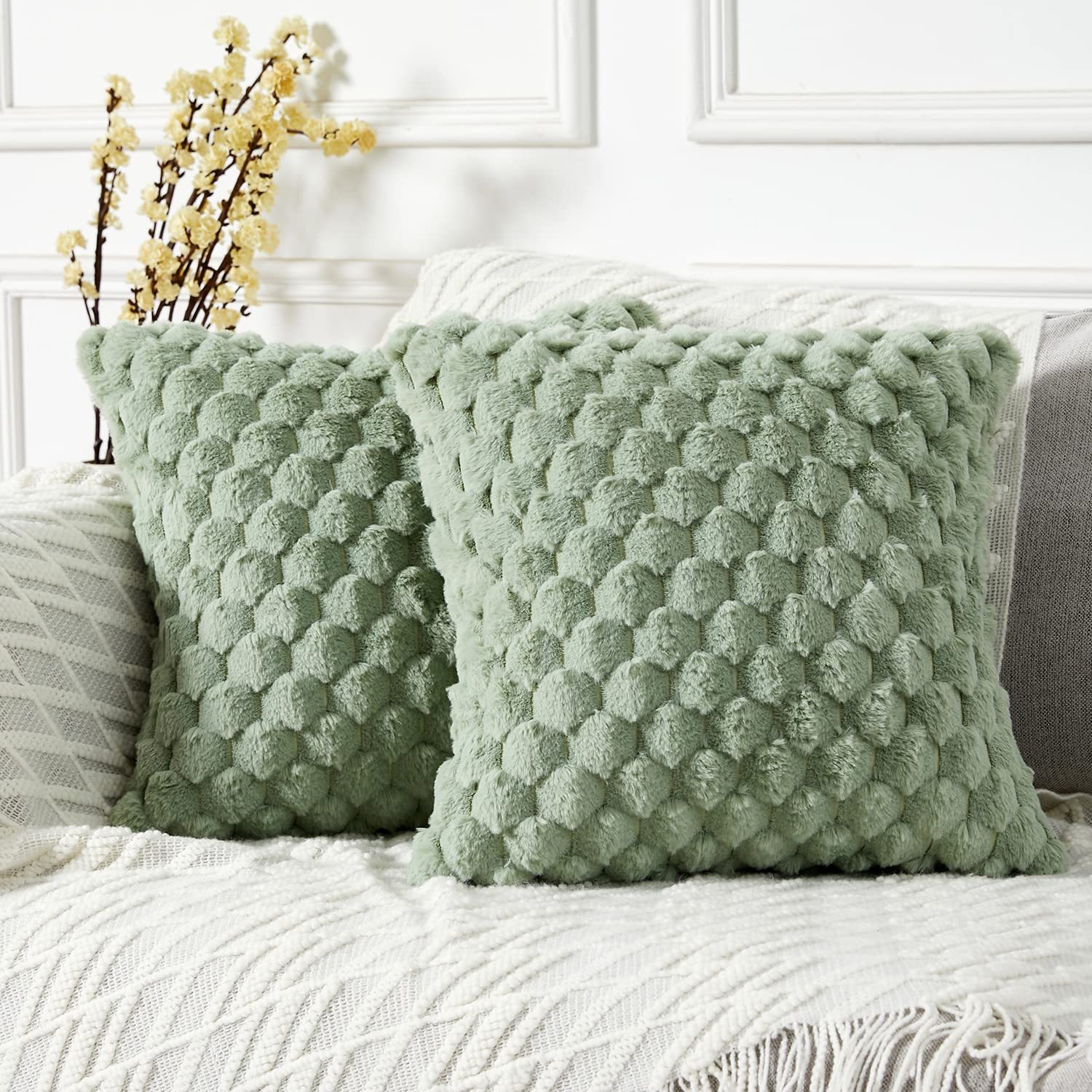 GIGIZAZA Velvet Throw Pillow Covers 16x16 Inch, Pack Of 2, Grey Flower Embossed Luxury Couch Pillowcases
