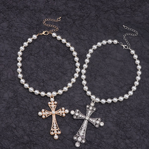 European American Imitation Pearl Alloy <b>Cross</b> Necklace Gold White K AA Grade Everyday Wear Geometric Design Clavicle <b>Chain</b> - Product Image 4