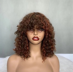 Letsfly 200% Pelucas de Cabello Humano 100% Remy Brasileño con Flequillo Ondulado de 14 Pulgadas, Sin Encaje, Pelucas Bob Rizadas al Por Mayor - Product Image 1