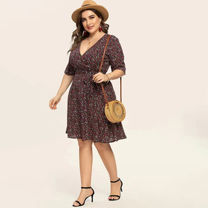 Robe d'été sexy à col en V et manches plissées, grande taille, à manches courtes, imprimé floral décontracté, avec ceinture évasée, longueur midi - Product Image 5