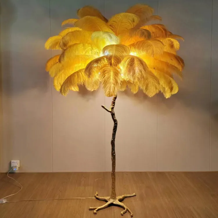 Gouden Struisvogelveer Led Vloerlampen Voor Hotel Sunshine Villa Decoratieve Verlichting Woonkamer Koperen Standaard Verlichting