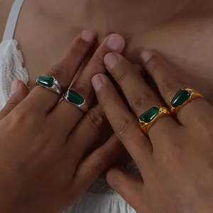 Vintage Stainless Steel Natural Gemstone Wedding Rings Fashion 18k Gold Plated Green Irregular Stone Rings Jewelry Women