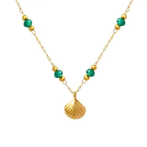 Ocean Sea Green Crystal Shell Necklace Stainless Steel Beads Chain Gold Plated Conch Pendant Hawaiian Waterproof Jewelry