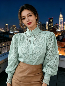 <b>SWEET</b> BABE Women's Elegant Lace Blouse Stand Collar Puff Sleeve Shirt Fashion <b>Party</b> Daily Wear Top - Product Image 1