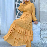 Vestido Musulmán Largo de Gasa Amarillo Estilo Marroquí, Nuevo, al por Mayor, OEM, para Mujer, Ropa Islámica, Ropa Étnica